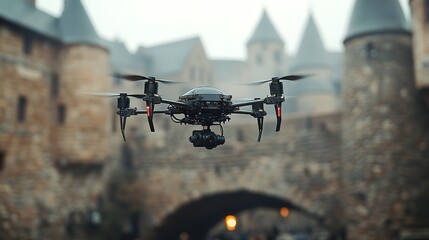 Drone flies in front of medieval castle architecture