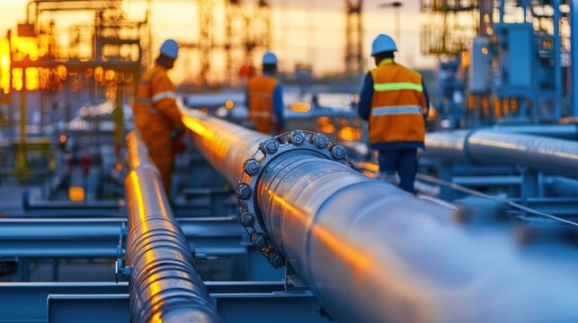 Workers in safety gear inspect large pipes at a facility during sunset, showcasing industrial infrastructure and teamwork in an energy sector setting.