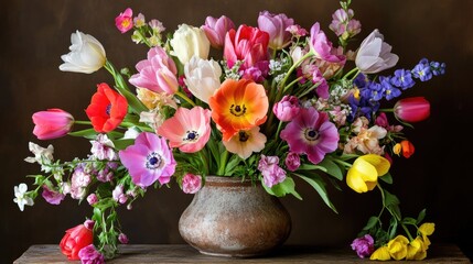 Fototapeta premium Vibrant Spring Flower Arrangement in Rustic Pot on Wooden Table