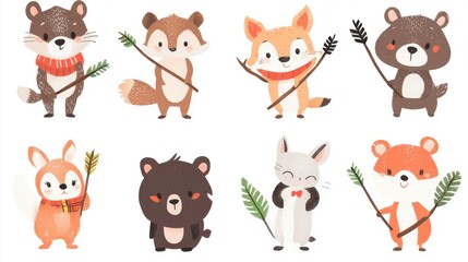 Naklejka premium Adorable cartoon animals holding arrows and smiling cheerfully on a white background