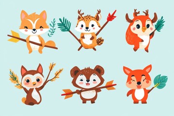 Naklejka premium Six Adorable Forest Animals Holding Arrows and Branches Happily