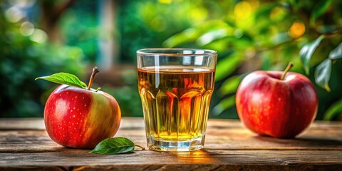 Miniature red apple and glass of apple juice; tilt-shift photography evokes playful flat design.