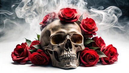 Medieval Skull with Red Roses and Smoke - Gothic Still Life Stock Photo