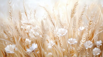 Soft Beige Floral Background with Wheat and White Flowers