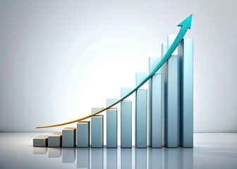 Minimalist white background showcases upward trending growth via a long-exposure rising bar chart.