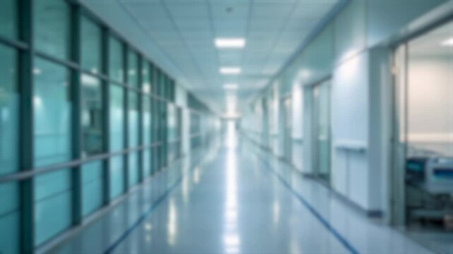 Collection of Footage "Blurred Long hospital corridor with symmetrical architecture, glass walls, and a sterile atmosphere. High-tech medical facility with a professional and calming ambiance"