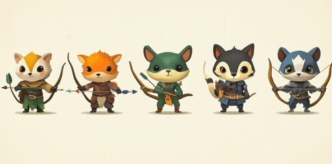 Obraz premium Five anthropomorphic foxes dressed as archers holding bows and arrows