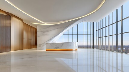 Obraz premium Modern Office Lobby Design: Panoramic City View 3D Render AI Generated