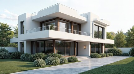 Contemporary cubic house with floor-to-ceiling tinted glass windows, sleek white façade, and a spacious backyard terrace, harmonizing with a landscaped garden and natural daylight.	