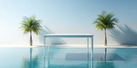 Minimalist White Table, Tropical Poolside, 70s-80s Vibe - Stock Photo