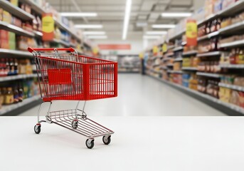Red Shopping Cart in Supermarket Aisle Ready for Groceries Purchase