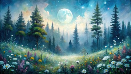 Fototapeta premium Misty Moonlight Forest Watercolor Painting with Wildflowers