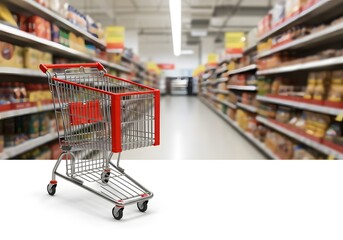 Red Shopping Cart in Supermarket Aisle Ready for Groceries Purchase