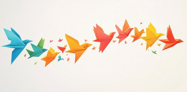 A flock of colorful origami birds flying on a white background