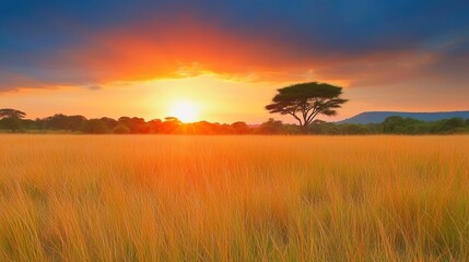 Obraz premium Serene Sunset Over Golden Savanna Landscape with Majestic Tree and Vibrant Sky Colors