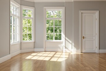 Fototapeta premium Spacious empty room with large classic windows, wooden flooring, and white walls. Sunlight casts soft shadows, creating a warm and inviting atmosphere. Ai generative
