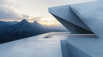 Modern concrete architecture overlooking majestic mountains at sunset.