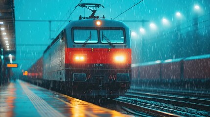 Fototapeta premium Red Electric Train Arriving at Rainy Station in Moody Night Atmosphere with Glowing Lights