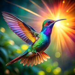 Fototapeta premium Iridescent Flight: A vibrant hummingbird with a kaleidoscope of colors soars in front of a burst of radiant sunlight. Its wings outstretched.
