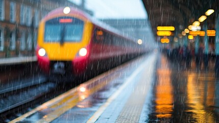 Fototapeta premium Rainy Train Station Scene with Blurred Train and Reflections on Wet Platform Surface