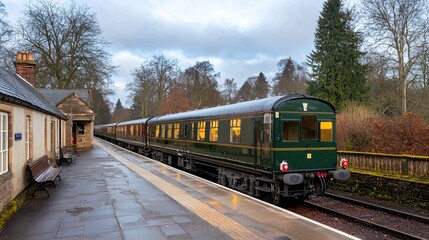 Fototapeta premium Vintage Green Train at Station During Cloudy Day with Trees and Historic Building Nearby
