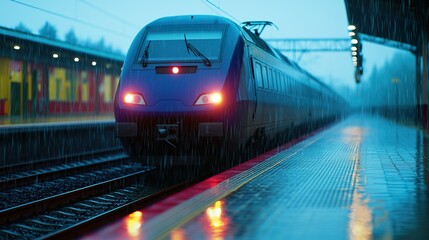 Fototapeta premium Modern Train Approaching Station During Rainy Evening with Dramatic Lighting and Reflections
