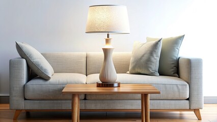 Modern Table Lamp Illuminating Stylish Living Room with Soft Furniture & Natural Light - Copy Space