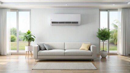 Modern Smart AC Controller & Air Purifier Mockup in Bright Living Room