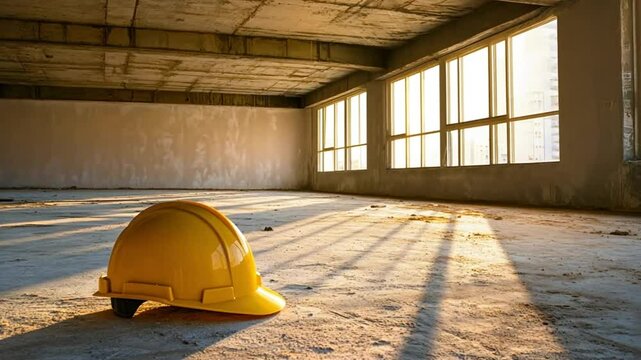 Empty construction site, yellow hardhat, sunlight streaming through windows.  Possible use stock photo for construction industry