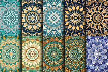 Colorful collection of intricate mandala patterns in teal, blue, and gold hues.