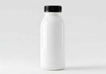 White Plastic Bottle Mockup with Black Cap on Light Background