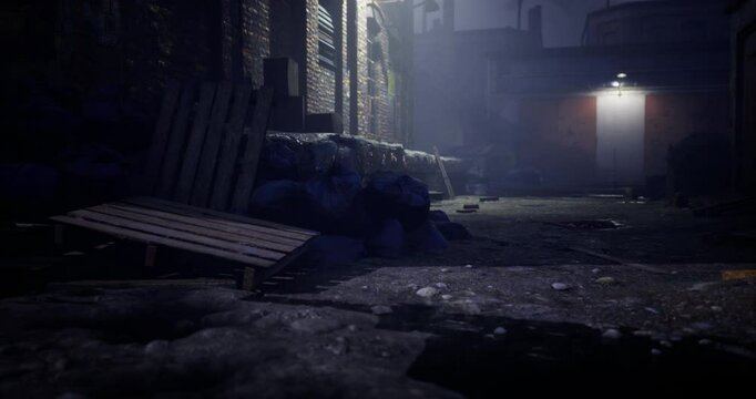 A dark alleyway is faintly lit by a single overhead light, revealing scattered debris and a wooden pallet. The atmosphere feels eerie as shadows loom in the corners, hinting at hidden secrets.