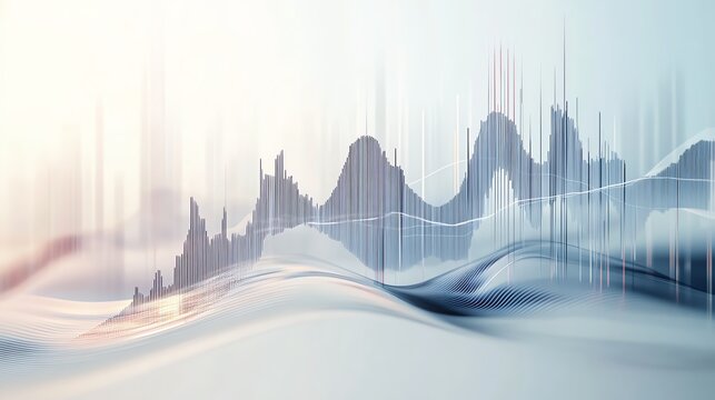 An abstract 3D financial chart with candlestick patterns and a trend line on a clean white background, representing market analysis, ultrarealistic rendering