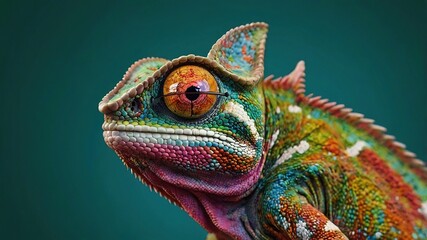 Obraz premium A Vibrant Chameleon, A Jewel Of The Rainforest, Showcases Its Dazzling Array Of Colors Against A Deep Teal Backdrop