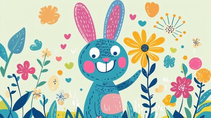 A cheerful blue bunny enjoying colorful flowers in a garden
