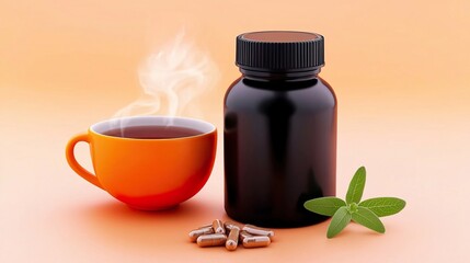Black Glass Bottle with Herbal Capsules and Cup of Hot Beverage on Orange Background