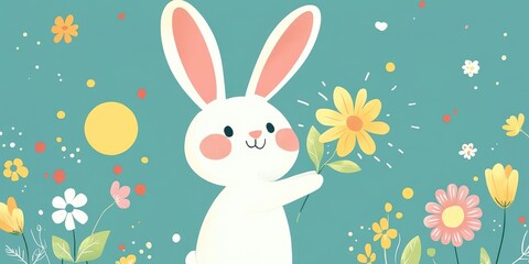 Adorable white rabbit holding yellow flowers against a blue backdrop