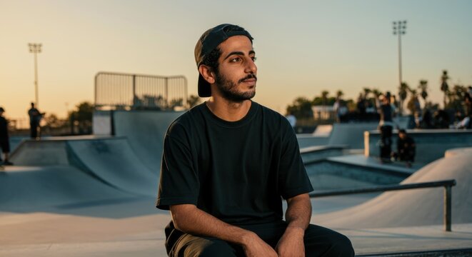 Young hispanic male skater sitting at skatepark during sunset