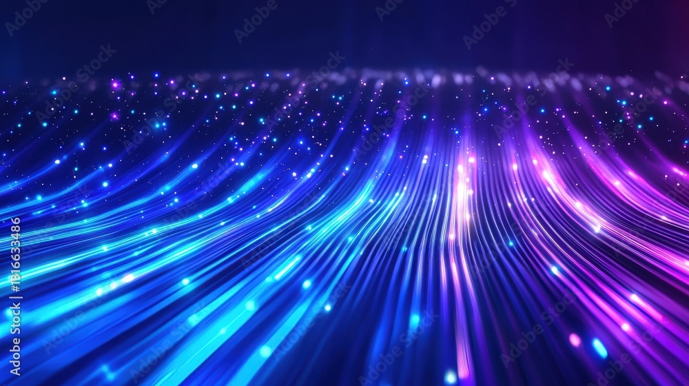 Poster a vibrant display of flowing blue and purple light patterns, creating a dynamic and mesmerizing visu