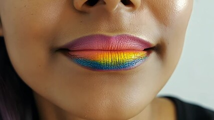 Close-up rainbow lip art on woman's lips.  Possible use Makeup tutorial