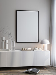 Frame mockup, ISO A paper size. Living room wall poster mockup. Interior mockup with house background. Modern interior design. 3D render


