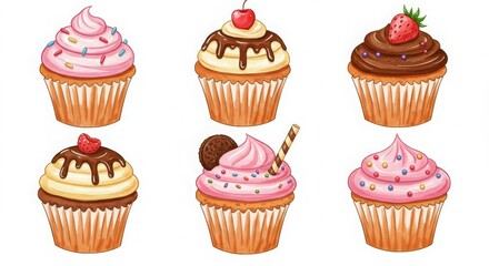A colorful assortment of six decorative cupcakes with various toppings and designs.