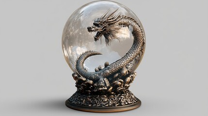 Crystal Ball with Dragon Stand. Intricately designed dragon sculpture wrapped around the base, beautifully crafted, isolated on transparent background. Fantasy and mystical concept.