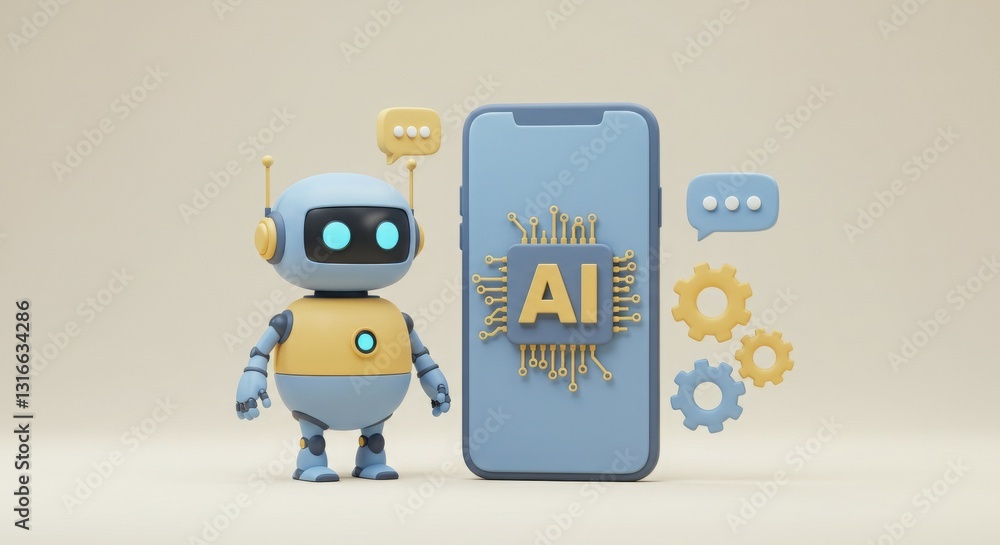 Poster a cartoon robot stands beside a smartphone displaying ai-related graphics and gears.