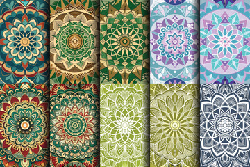 Colorful set of intricate mandala patterns featuring floral designs and vibrant hues.