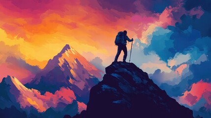 A solo hiker stands atop a mountain with a colorful sky