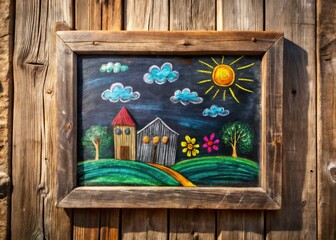 Rustic farmhouse wall d&eacute;cor: reclaimed wood frame, aerial chalkboard view, ideal for rustic charm.