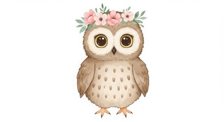 Fototapeta premium A cute owl with a floral crown, designed for a whimsical or playful aesthetic.