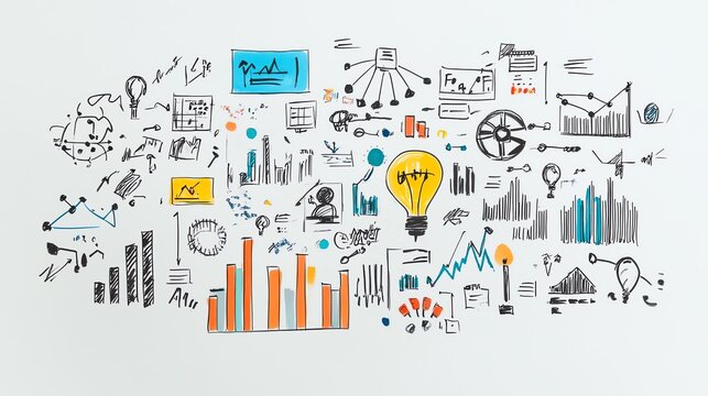 Dynamic doodlestyle business mind map on a white background, showcasing sketches of marketing tactics, digital trends, success symbols, and financial growth