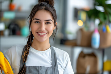 A cheerful woman in a cleaning service uniform, smiling and looking at the camera with confidence.